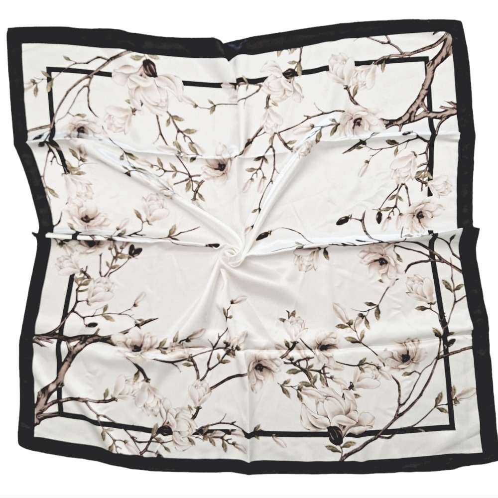 Satin Square like silk oversized Floral scarf boho hair neck cream black 💖
